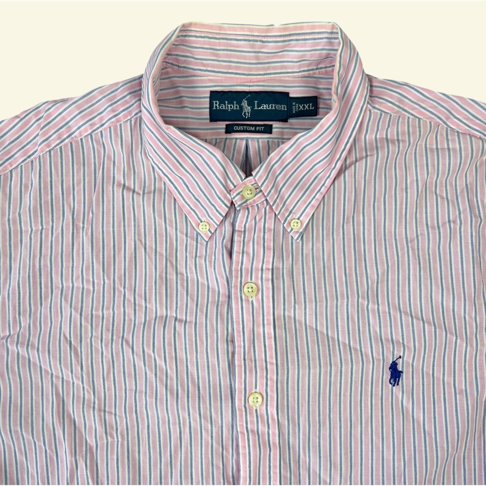 Vintage Ralph Lauren Custom Fit Button Down Shirt Men's XXL Pink Blue Striped